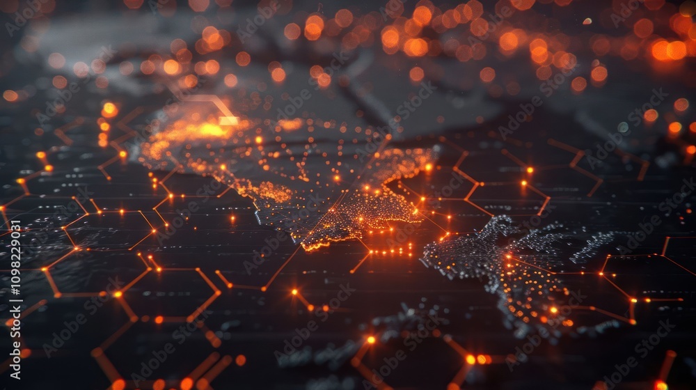 Poster a digital representation of india with glowing hexagonal patterns and network connections.