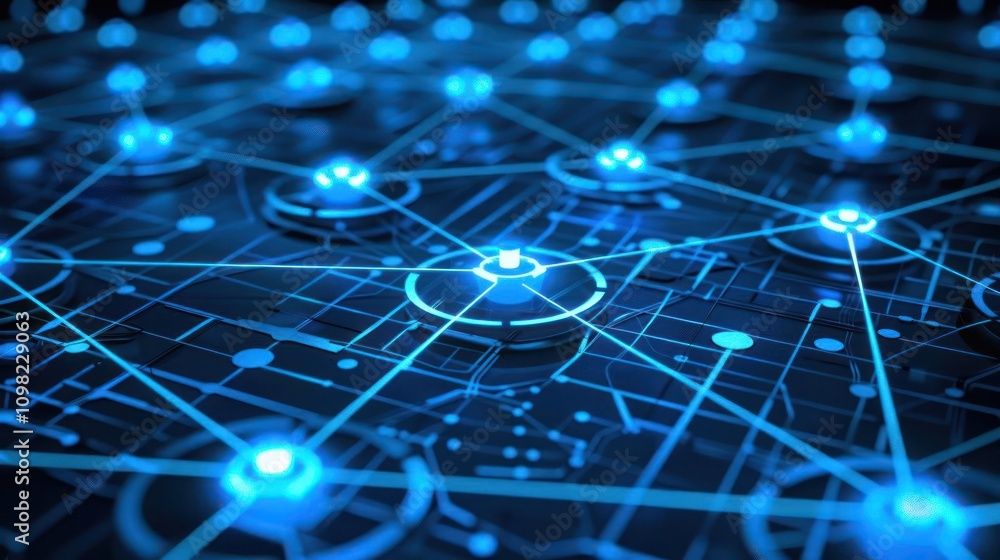 Poster abstract digital network with glowing nodes and connections.