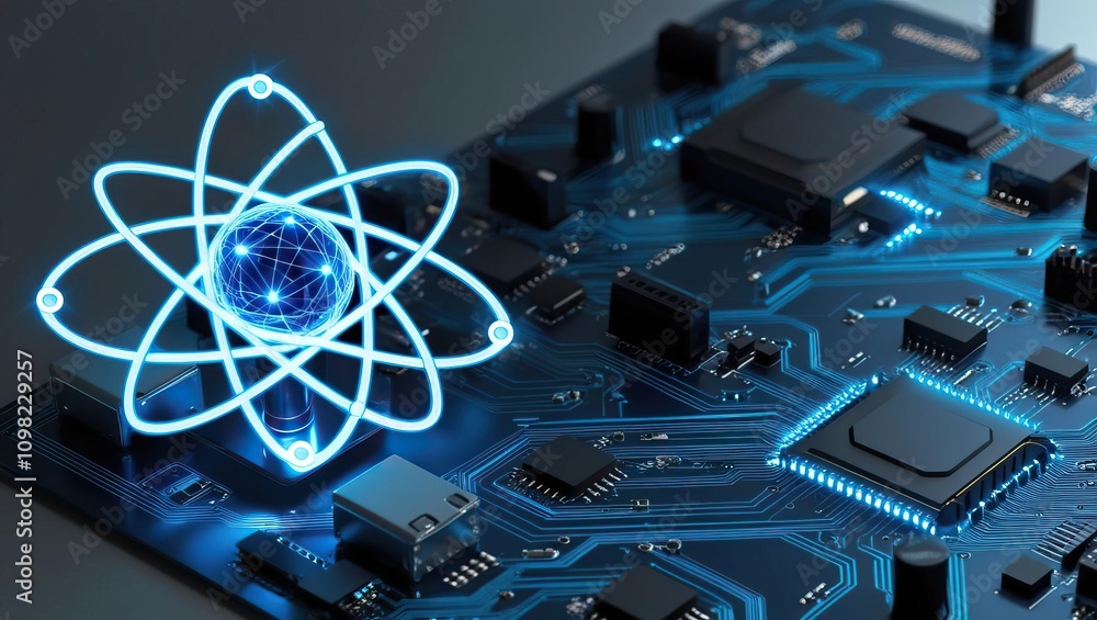 Poster a blue glowing atom symbol is displayed above a circuit board, representing the fusion of technology
