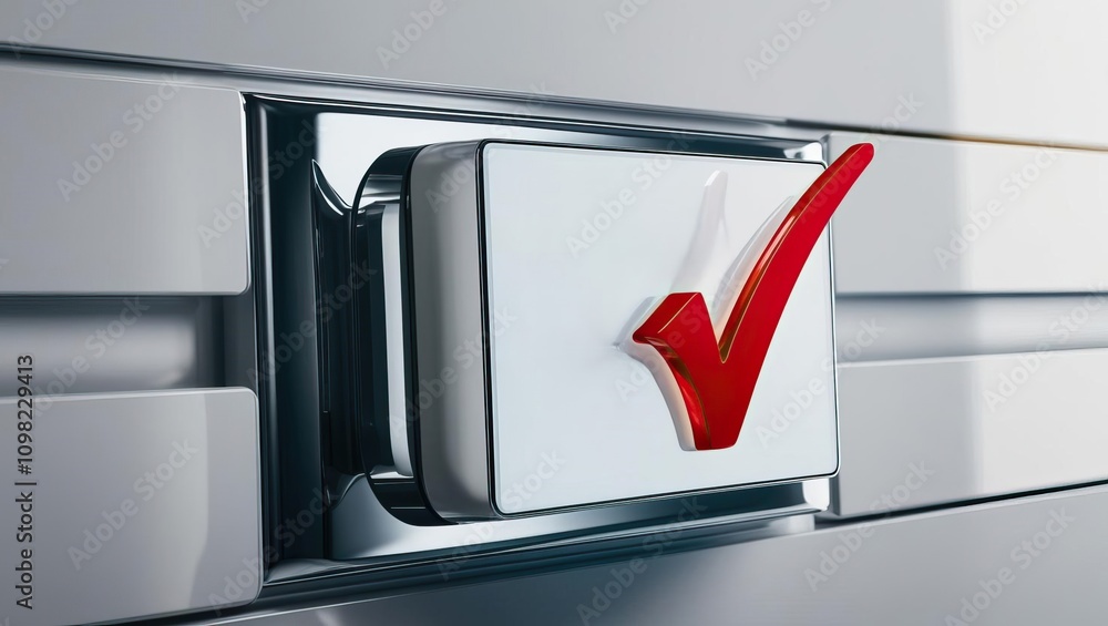 Aufkleber a shiny, metallic button featuring a prominent red checkmark, symbolizing approval or confirmation i