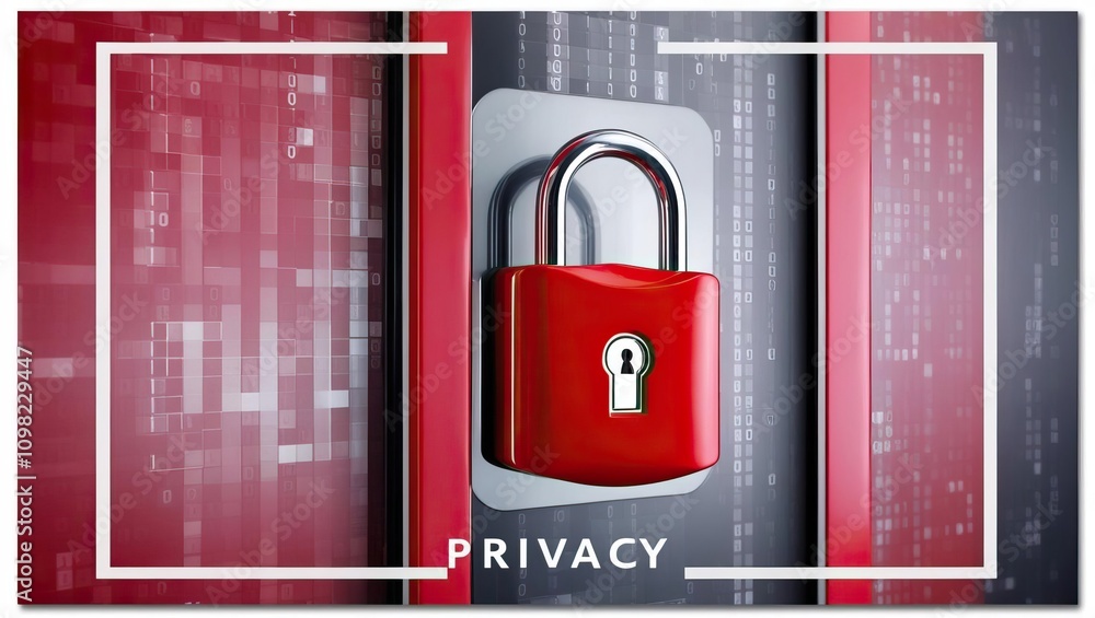 Poster a red padlock symbolizes security and privacy against a backdrop of digital data patterns, emphasizi