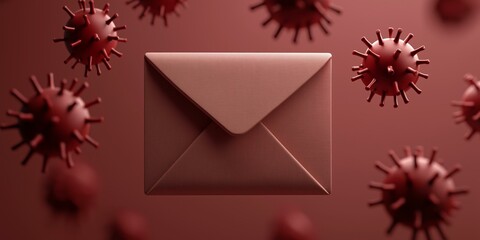 A stylized envelope surrounded by red virus-like shapes, conveying themes of communication, health, and caution.