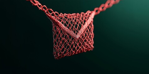 A vibrant red mesh envelope hangs against a dark background, symbolizing communication and connection in a modern context.