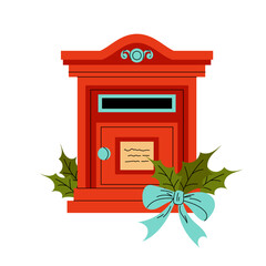 Obraz premium Mailbox. Vintage red coloured metal box for letters and postcards. Blue bow. Winter berry leaves. Flat vector illustration on white background.
