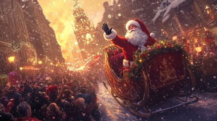 Naklejka premium Santa Claus Rides His Sleigh Through A Festive City