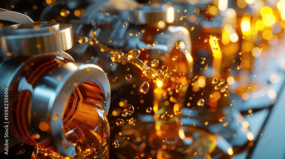Poster close-up of sparkling liquid in metallic containers with splashes.