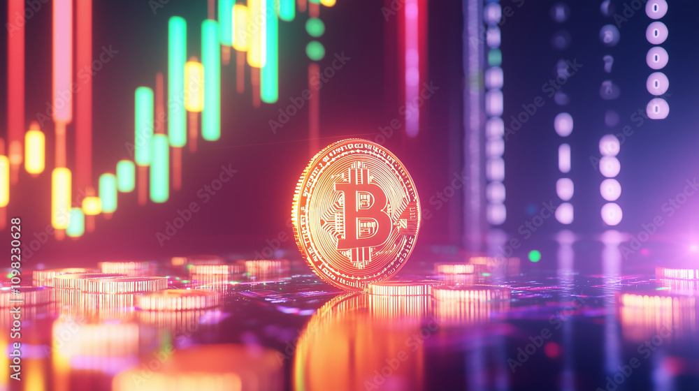 Aufkleber glowing bitcoin coin on reflective surface with chart background
