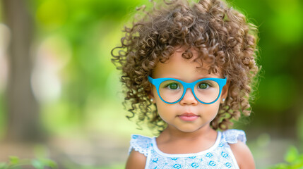 A cute little girl with blue glasses, curly hair, and big eyes is posing for the camera on a blurred green background in a summer park or garden. A close-up portrait of a beautiful child wearing eyegl