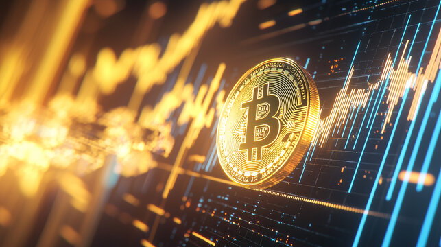 Golden Bitcoin Coin Against Dark Backdrop with Trading Chart - Powered by Adobe