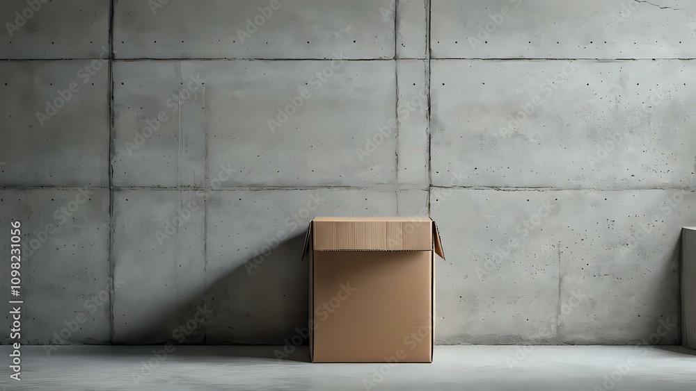 Poster cardboard box in front of a textured concrete wall. basic and functional display