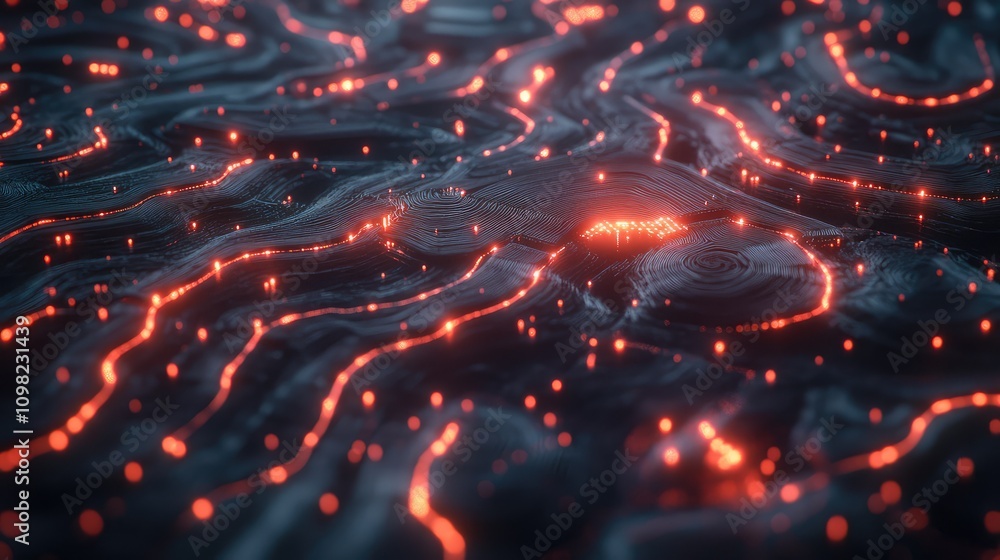 Poster microscopic circuits and neon nodes within a data flow, merging the aesthetics of science and modern