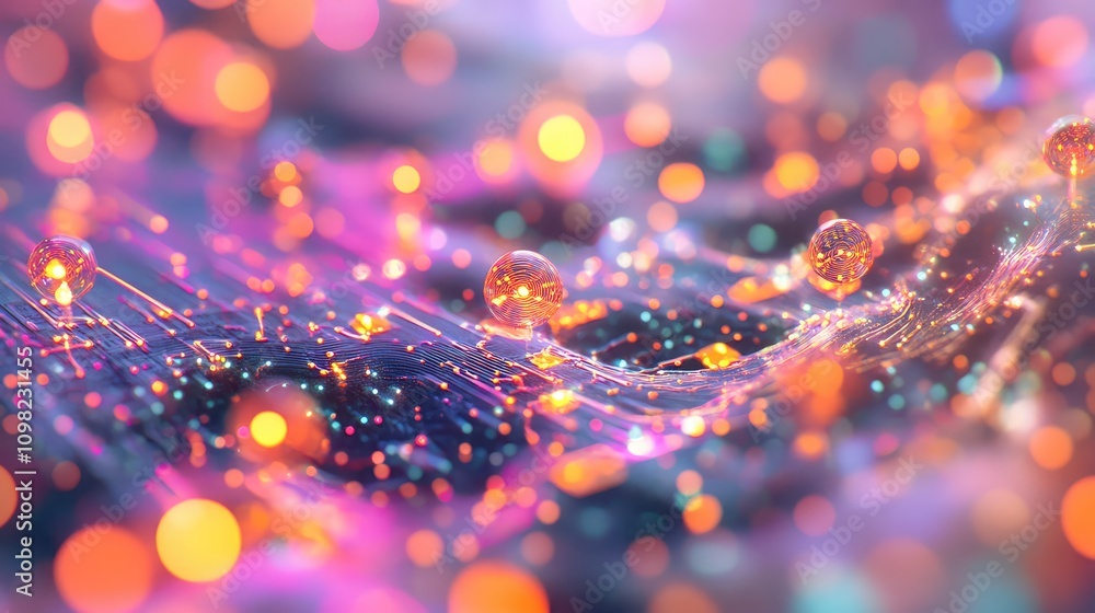 Poster microscopic circuits and neon nodes within a data flow, merging the aesthetics of science and modern