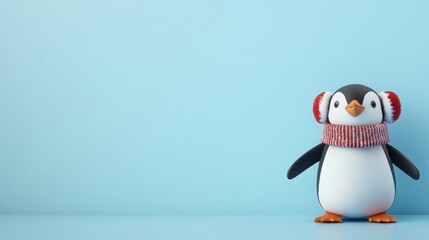 Obraz premium A cute penguin wearing earmuffs and a scarf stands against a light blue background, evoking a cheerful winter vibe.