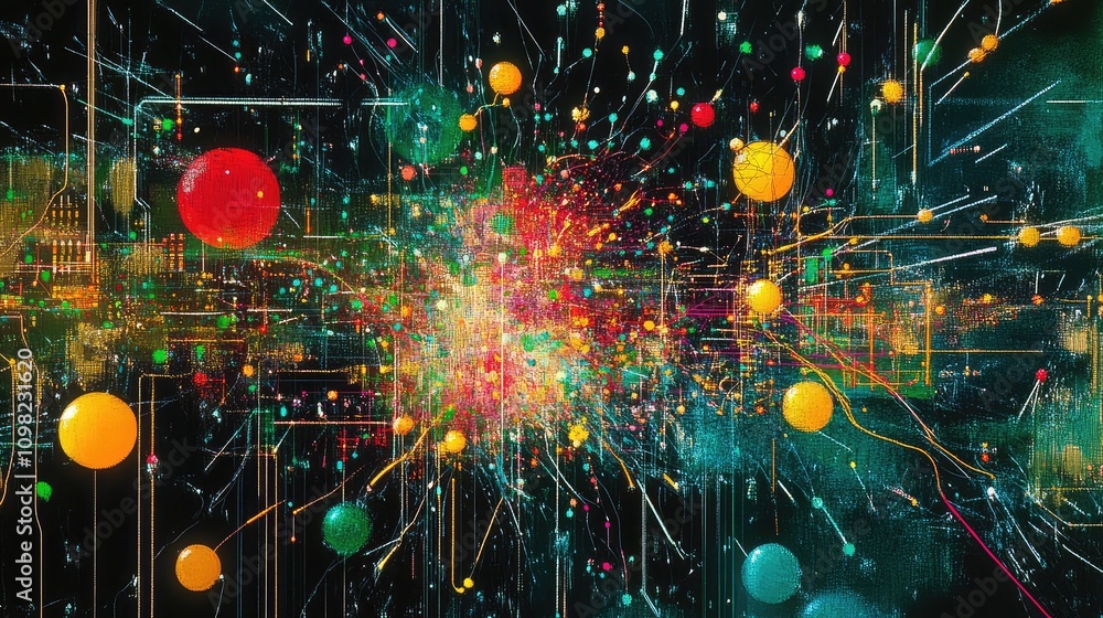 Poster microscopic circuits and neon nodes within a data flow, merging the aesthetics of science and modern