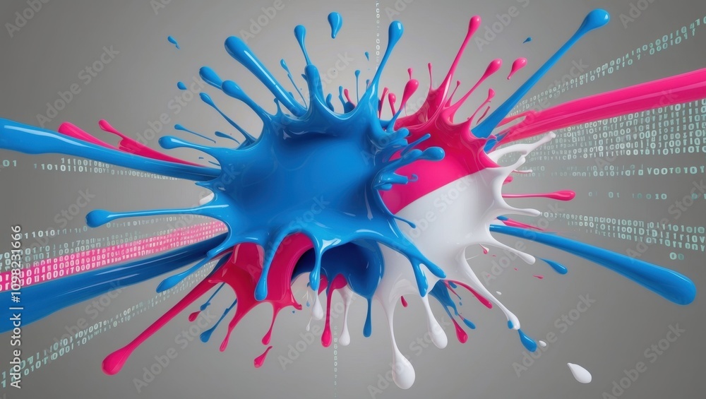 Poster colorful digital paint splashes with binary code accents