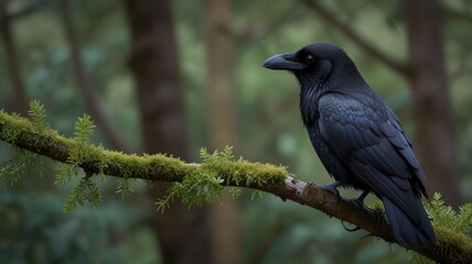 Fototapeta premium Here's a possible and keyword list for your image.. Majestic raven perched on moss-covered branch in forest.