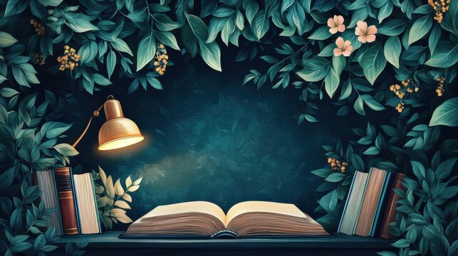 Open book under lamp with leafy background, peaceful reading nook, illuminated pages, indoor greenery, literary atmosphere, vintage style, study space, cozy environment, quiet