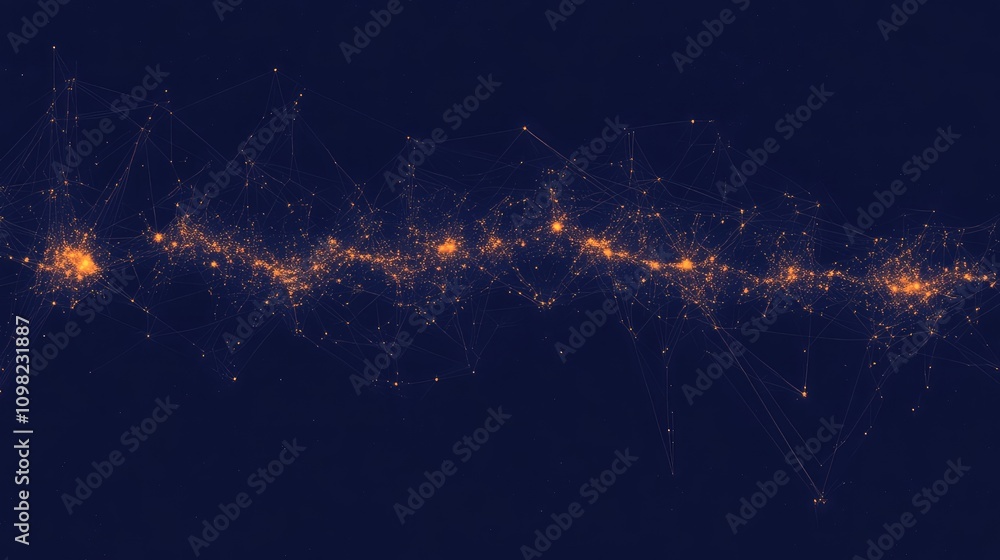 Poster minimal abstract map with small, glowing nodes connected by lines, on a navy blue background