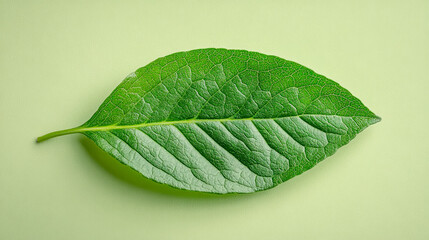 Fototapeta premium Green leaf with detailed veins on light green background