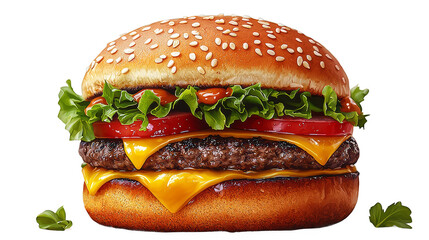 A photo of a classic cheeseburger with fresh lettuce, tomato, melted cheese, and a sesame seed bun on a transparent background