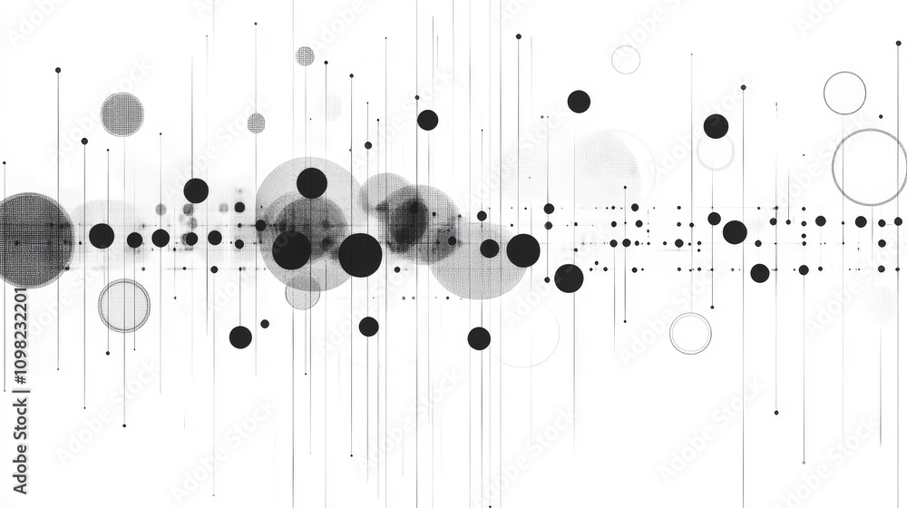 Poster minimal, clean circles and lines organized in a grid to visualize data clusters and relationships