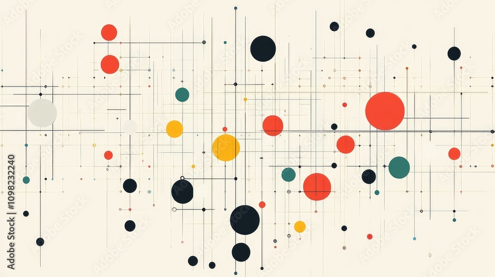 Poster minimal, clean circles and lines organized in a grid to visualize data clusters and relationships