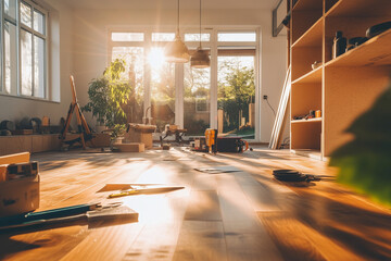 A contractor installs modern hardwood flooring in a bright living room, surrounded by quality tools, focusing on craftsmanship and precision.