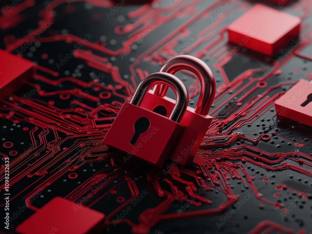 Poster a digital lock on a circuit board, symbolizing cybersecurity and data protection in a vibrant red se
