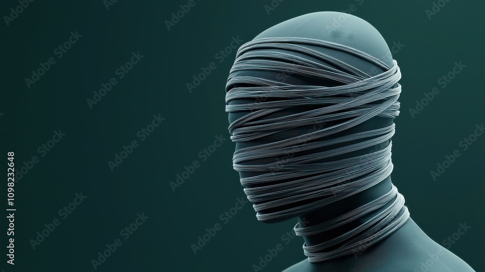 Poster a figure wrapped in intricate strands, presenting a mysterious and artistic depiction of concealment