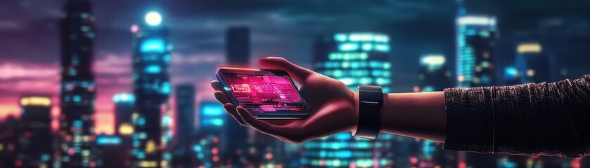 Obraz premium A hand holds a glowing device against a vibrant city skyline, illuminated by neon lights, evoking a futuristic atmosphere.