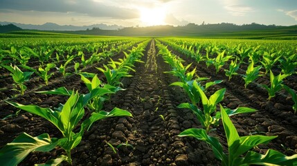 Naklejka premium Lush green cornfield at sunrise, showcasing agricultural growth and productivity.