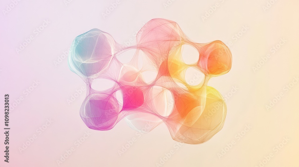 Poster minimalist molecular structure with soft, luminous edges and subtle, colorful gradients
