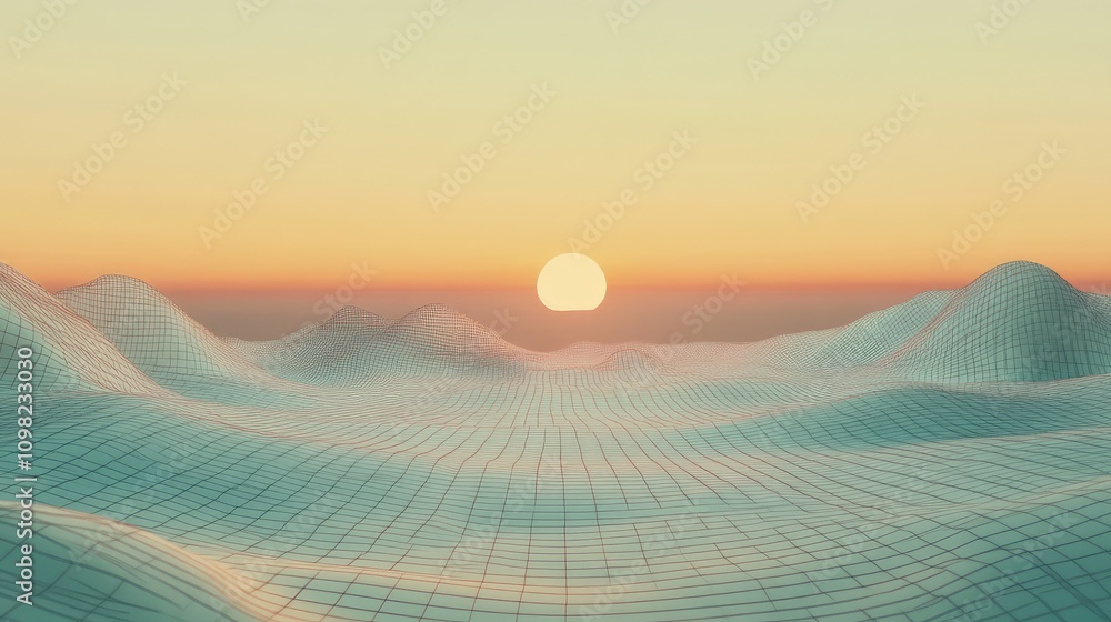 Poster Minimalist wireframe landscape with grid lines, visualizing data flow in a soft, futuristic color palette