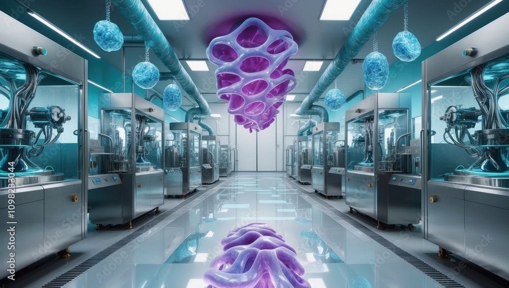 Fototapete surreal biotech factory with morphing machines and organic structures