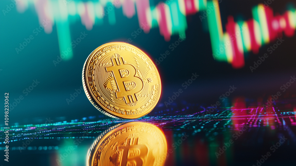 Aufkleber bitcoin coin on reflective surface with digital chart background