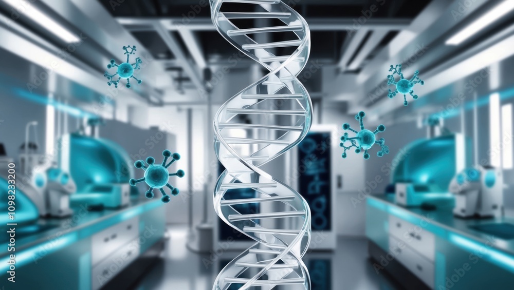 Poster double helix transparency and lab environment with scientific elements