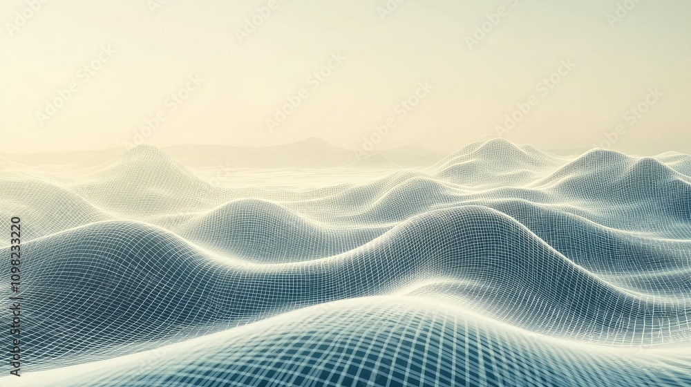 Poster Minimalist wireframe landscape with grid lines, visualizing data flow in a soft, futuristic color palette