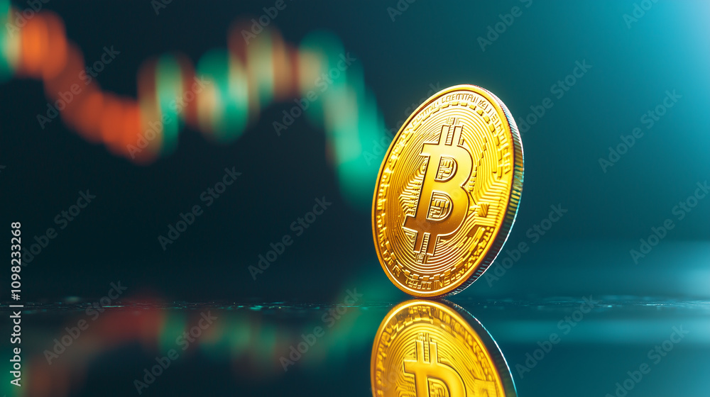 Poster bitcoin gold coin on reflective surface with trading chart background