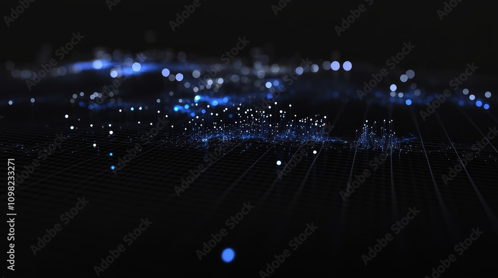 Poster minimalistic data map with glowing blue lines and dots, showing a digital network layout on a black 