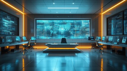 Advanced technology command center with multiple computer screens, digital data display, high-tech control room, cyber security, modern corporate infrastructure, glowing blue interface