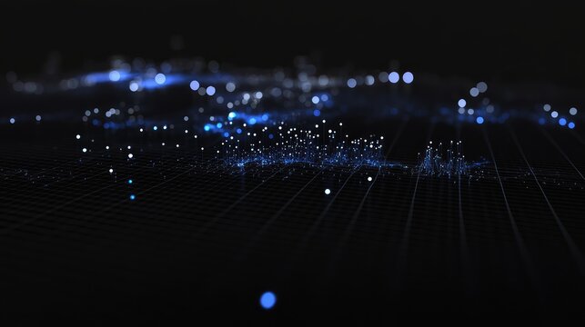Minimalistic data map with glowing blue lines and dots, showing a digital network layout on a black grid