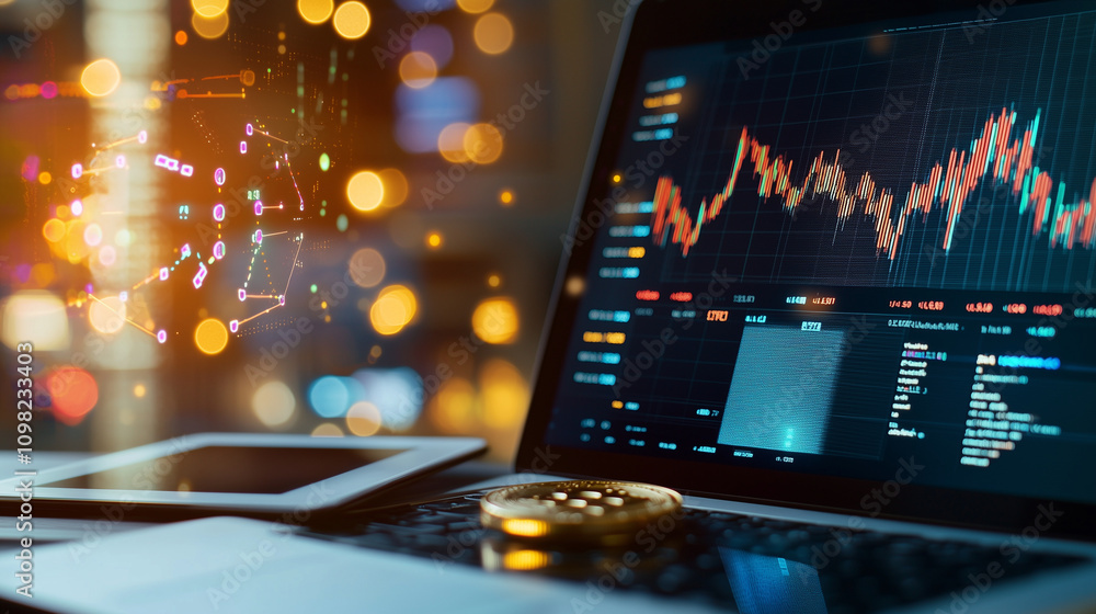 Aufkleber trader workspace with cryptocurrency graphs and bitcoin coin