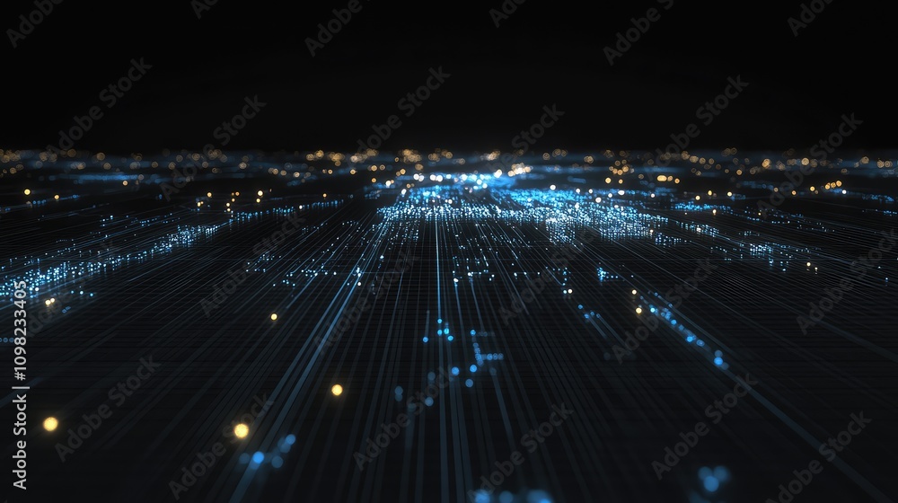 Poster minimalistic data map with glowing blue lines and dots, showing a digital network layout on a black 