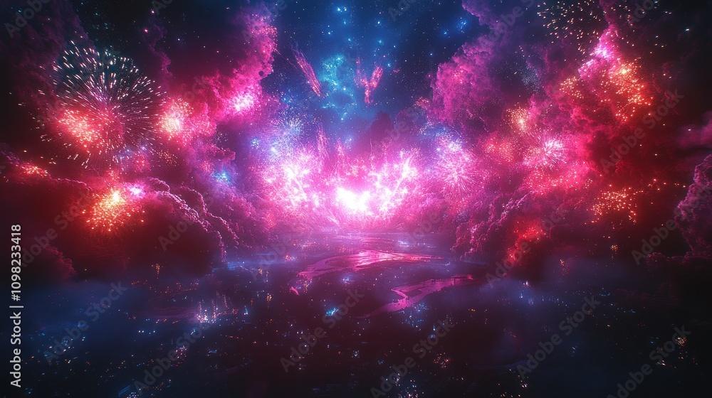 Poster abstract colorful fireworks exploding in a night sky.