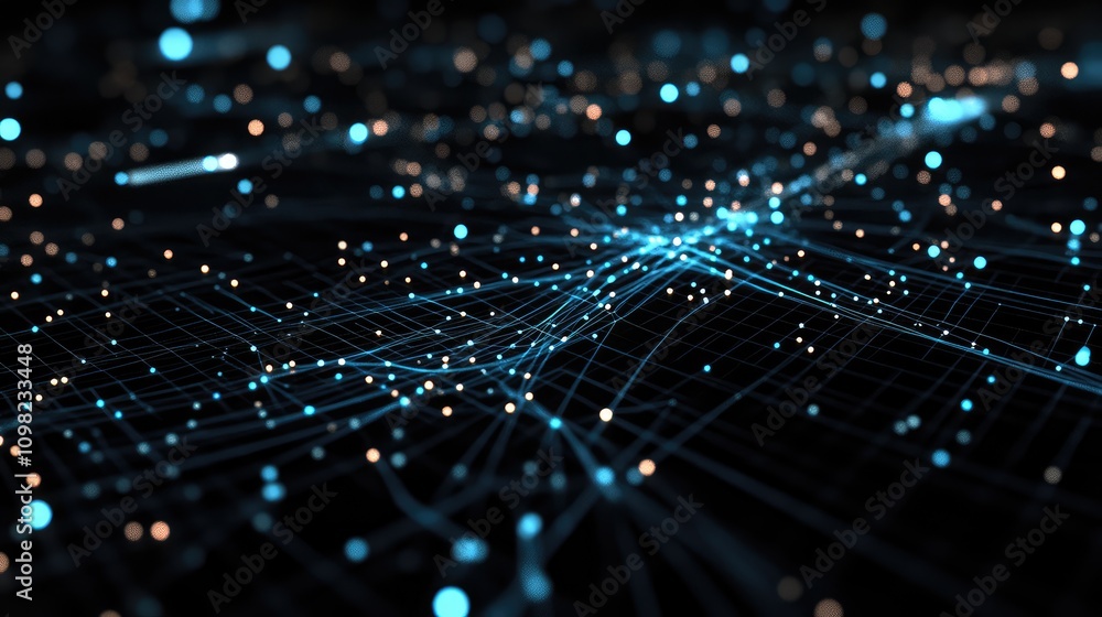 Poster minimalistic data map with glowing blue lines and dots, showing a digital network layout on a black 