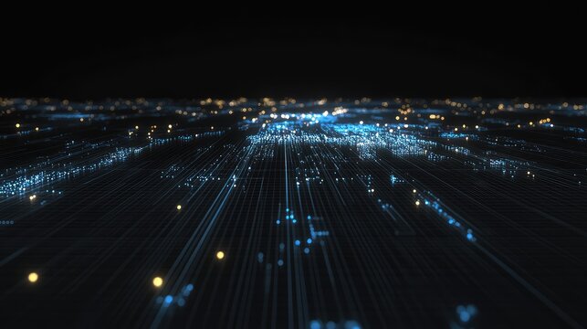 Minimalistic data map with glowing blue lines and dots, showing a digital network layout on a black grid