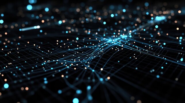 Minimalistic data map with glowing blue lines and dots, showing a digital network layout on a black grid