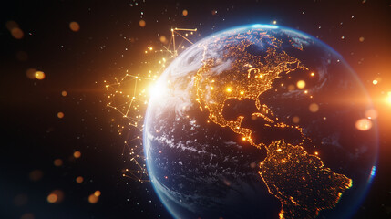 Fototapeta premium Glowing Planet Earth in Space with Global Communication Network