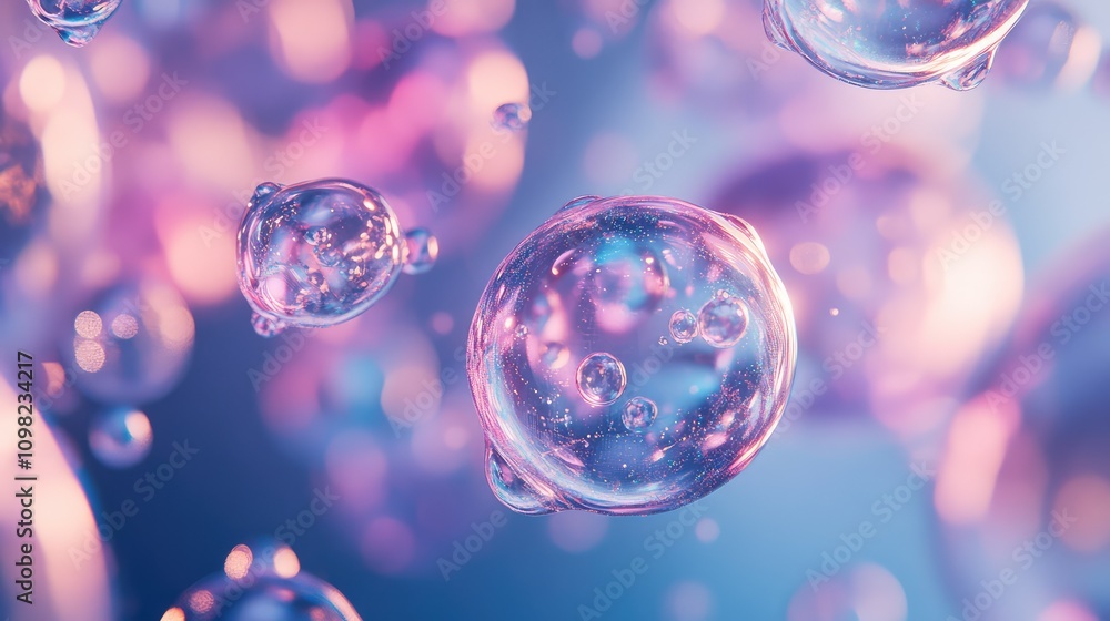 Poster molecule-like shapes composed of data particles, softly illuminated in gradient tones of blue and pu