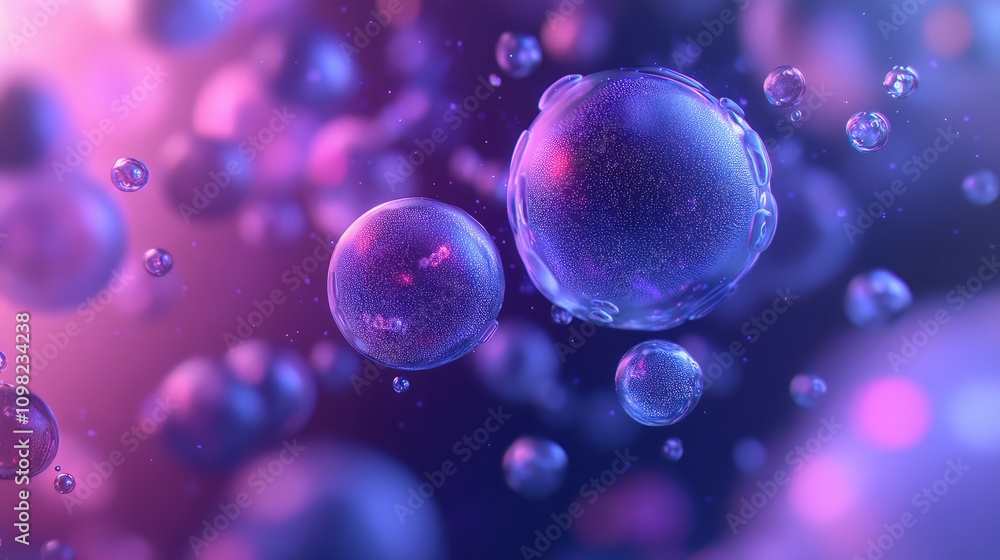 Poster molecule-like shapes composed of data particles, softly illuminated in gradient tones of blue and pu